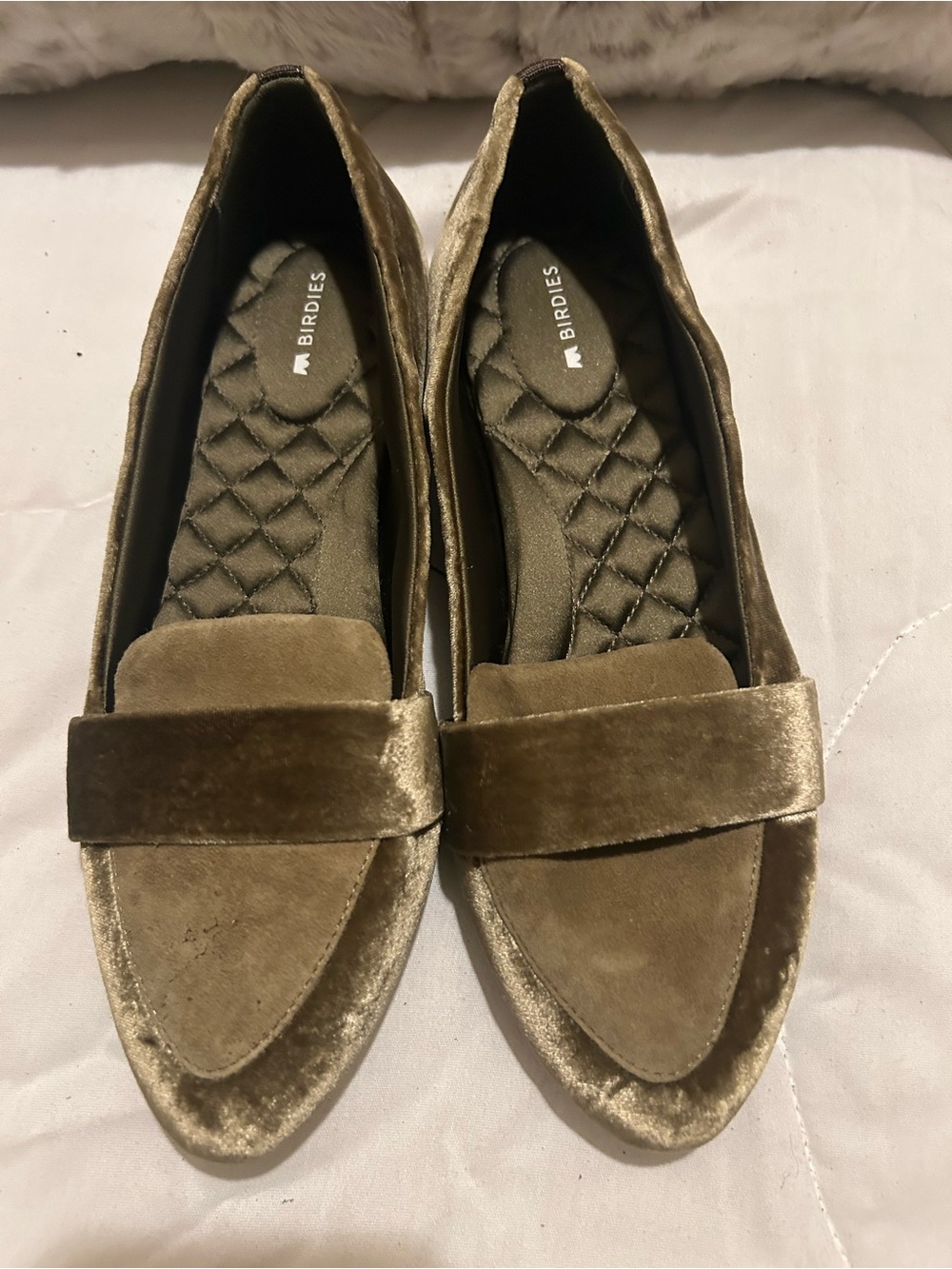 Birdies Olive Green Velvet Loafers - Women's Slip-On Flats